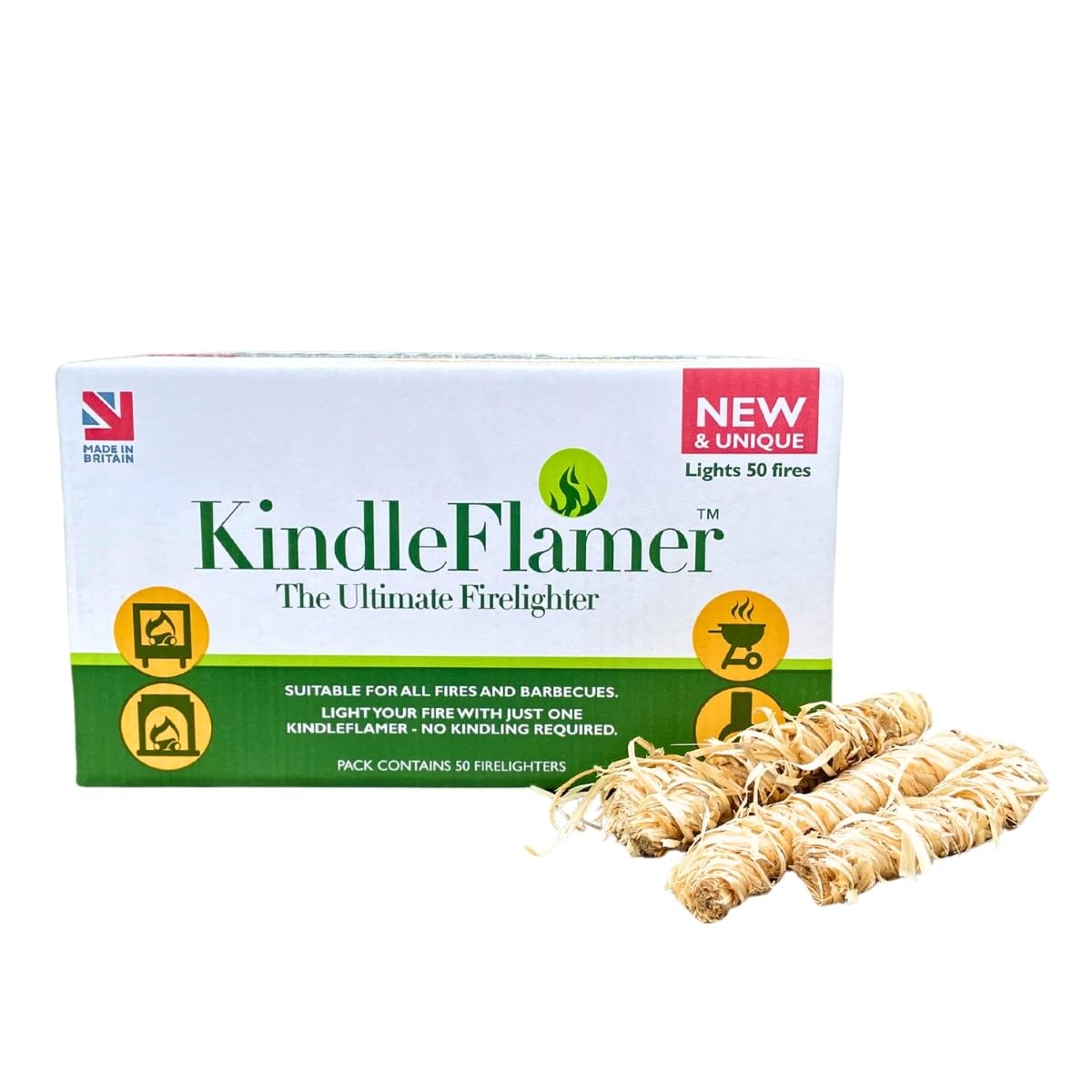 KindleFlamer Firelighters with Kindling – 50 Units Natural Fire Lighters for Wood Burner Firepit Bbq Pizza Oven Fireplace Chimenea Barbecue Fire Starter – Firestarter for Log Coal Charcoal Briquette