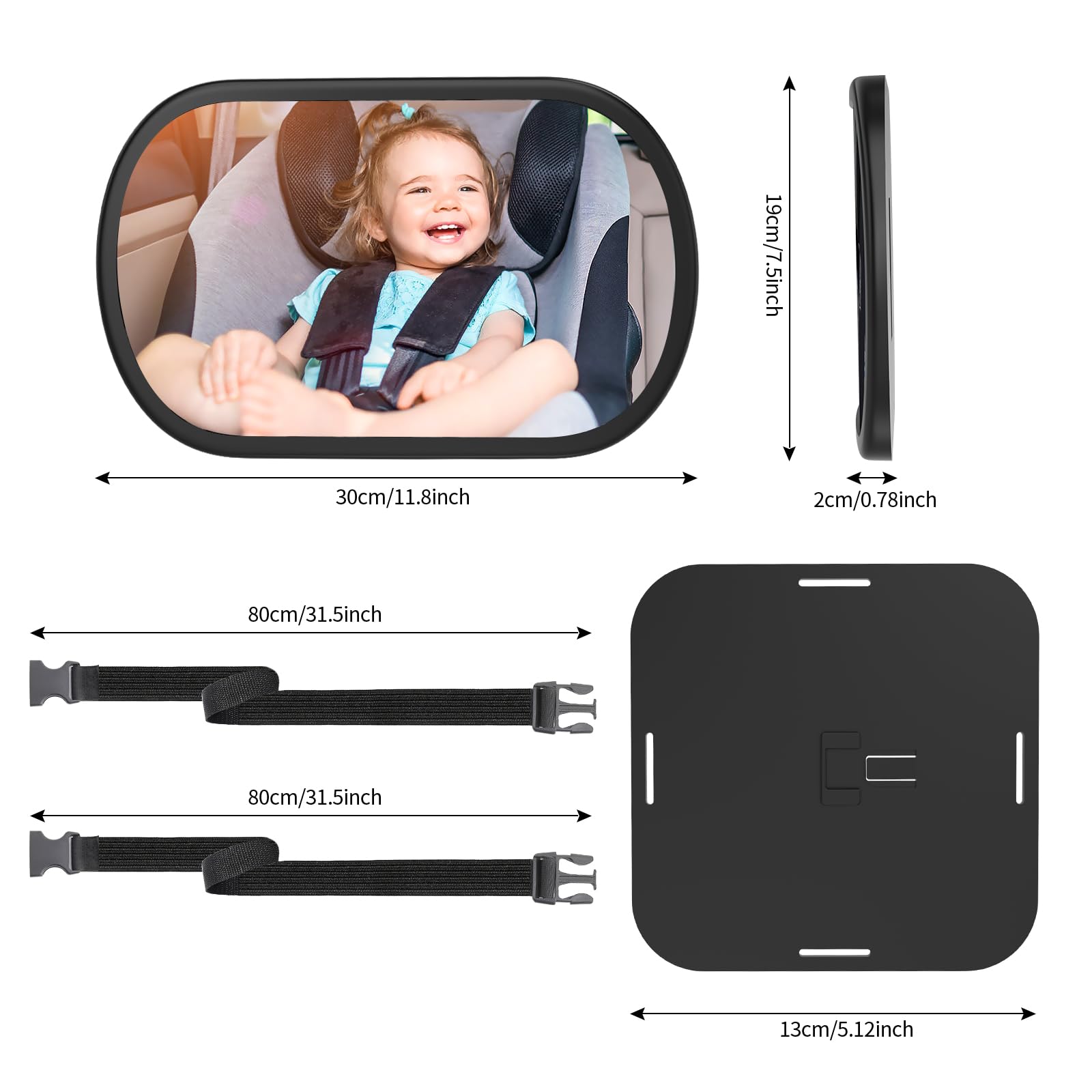 Baby Car Mirror, Safety Car Seat Mirror for Rear Facing Infant, Clear Wide View, 360°Rotation, Easily Observe the Baby Move, Secure, Shatterproof, Crash Tested and Certified (Black)