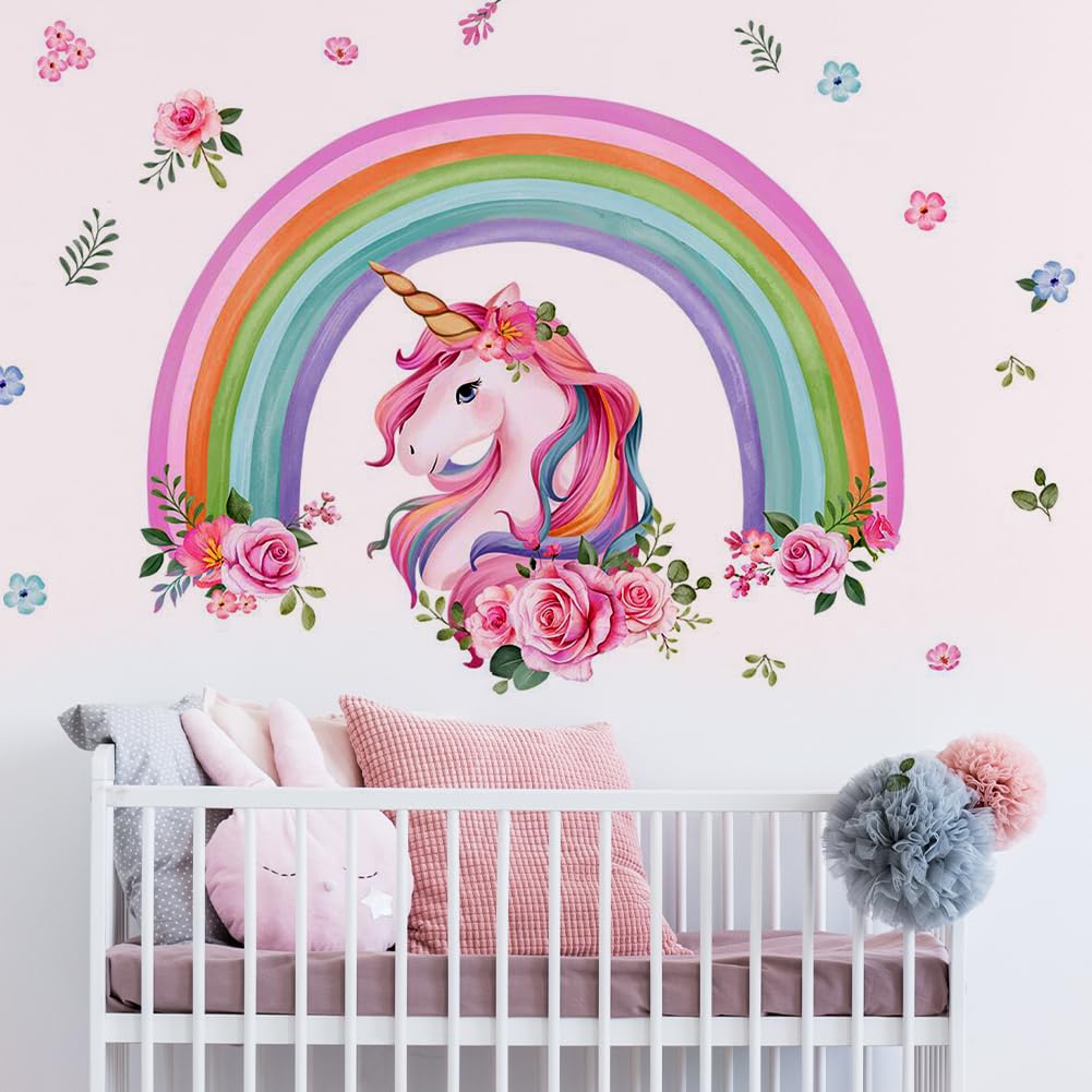 Aolso Rainbow Wall Decals Unicorn Rainbow Wall Stickers Baby Nursery Girls Bedroom Living Room Wall Décor, Peel and Stick Wall Art Decals for Baby Nursery Kids Bedroom