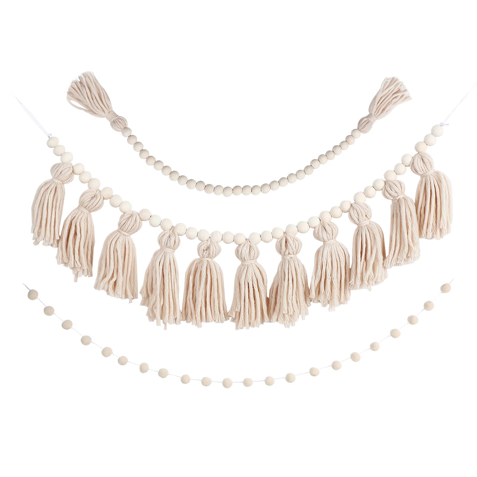 Photo 1 of 3 Pieces Boho Tassel Garland with Wooden Beads, Farmhouse Beads Garland with Tassels, Pom Pom Garlands for Boho Home Modern Farmhouse Rustic Home Mantle Decor (Classic Color)