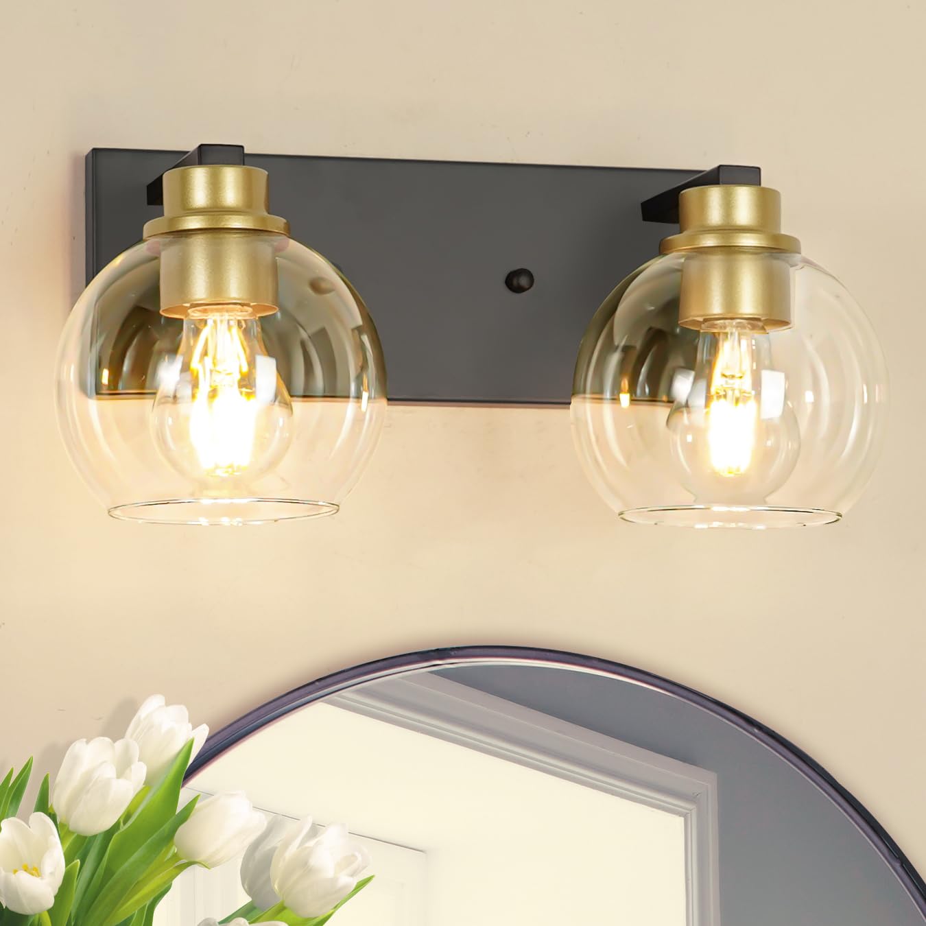 Photo 1 of 2 Light Bathroom Vanity Light Fixture, Globe Black and Gold Vanity Light, Two Light Bathroom Lighting Fixture over Mirror with Clear Glass, Sconce Wall Lighting for Kitchen Living Room Bedroom Hallway