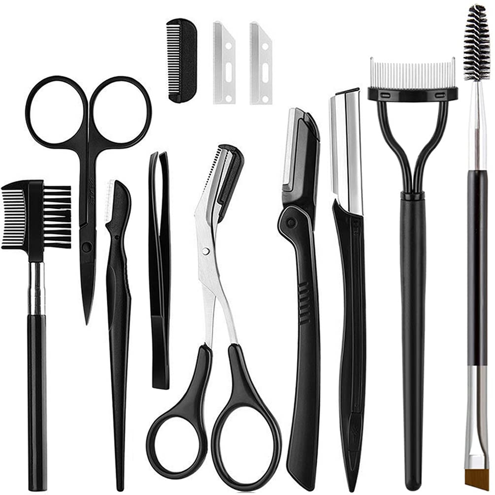 KINGMAS Eyebrow Razor Kit, Face Razor & Trimmer, Eyelash Comb, Angled Eyebrow Brush, Grooming Scissors, Tweezers
