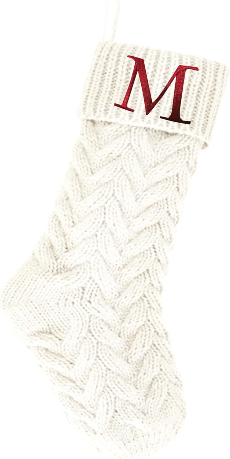 Stockings & Holders - Kunyida 18 Inches Personalized Initial Monogram Christmas Stockings Ivory Family Xmas Stockings for Fireplace and Home Decor