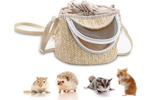 JOBEDE Small Pet Carrier Bag Hamster Carrier Bag with Long Detachable Shoulder Strap, Light Coffee Color Straw Mesh Breathable Portable Outgoing Bag for Hamster Hedgehog Sugar Glider Squirrel Gerbil