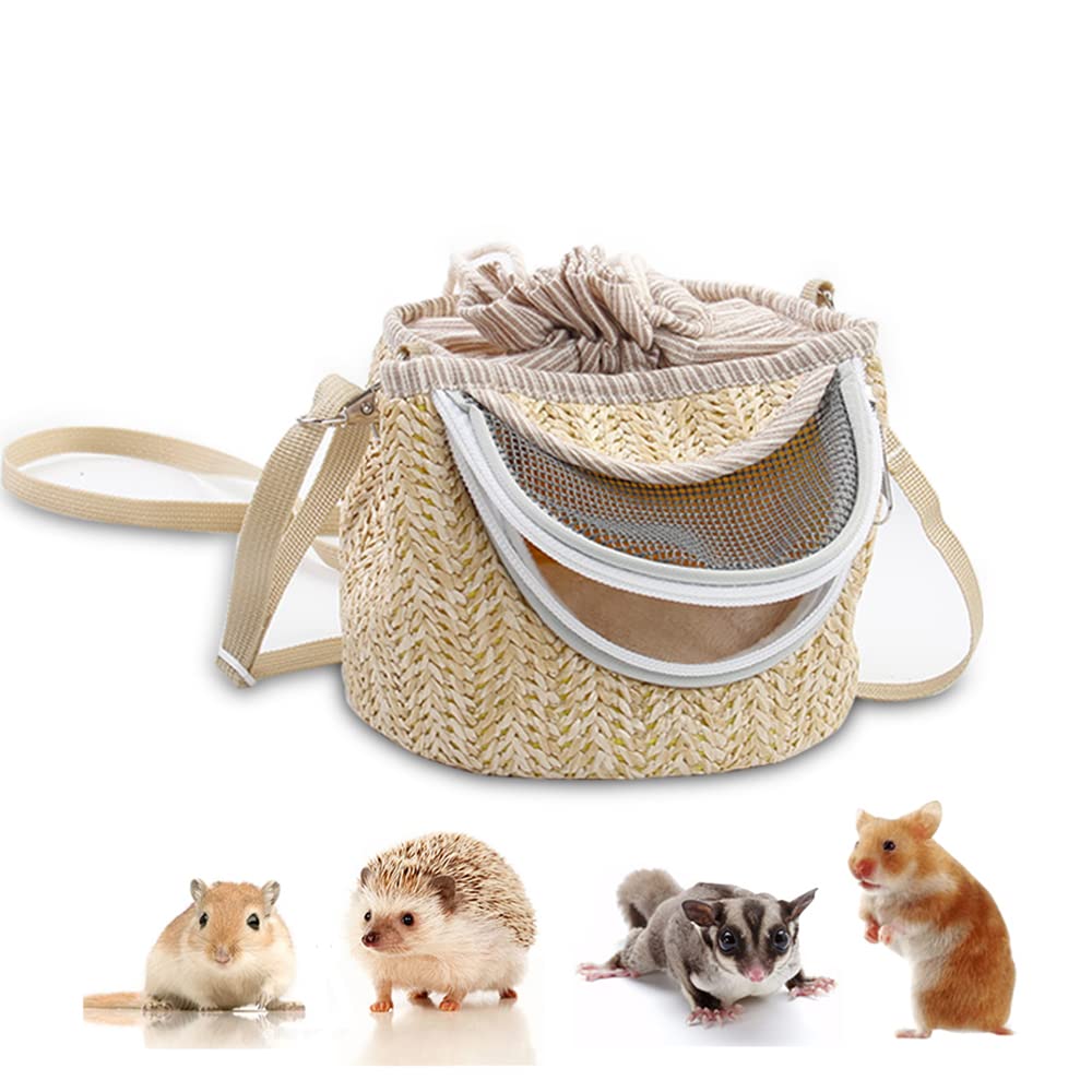 Small Pet Carrier Bag Hamster Carrier Bag with Long Detachable Shoulder Strap, Light Coffee Color Straw Mesh Breathable Portable Outgoing Bag for Hamster Hedgehog Sugar Glider Squirrel Guinea Pig
