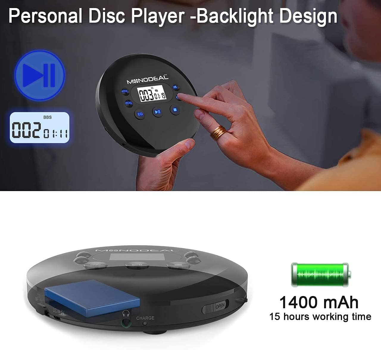 2025 Upgraded CD Player Portable, MONODEAL Portable CD Player with Headphones,Small Personal Player with LCD Display,Anti-Skip/Shockproof, Rechargeable Player for Car