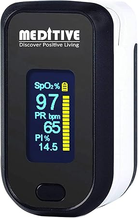 MEDITIVE Fingertip Pulse Oximeter, Dual Color OLED Display Blood Oxygen Monitor with Alarm Feature with Perfusion Index - PI Index and Respiratory Rate (Black Color)