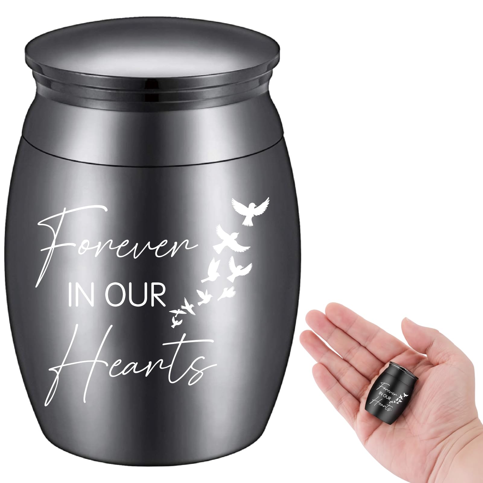 CREATCABIN Small Urns for Ashes Mini Keepsake Urns Stainless Steel Miniature Ash Holder Unique Tiny Sharing Token Urn Cremation for Female Male Human Pets 1.6x1.2 Inch(Black)-Forever In Our Hearts