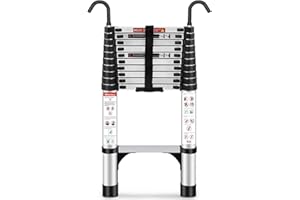 Wolec Telescoping Ladder, 10.5FT Aluminum Lightweight Portable Telescopic Ladder with Hook, Stabilizers & Wheels, Heavy Duty 330lbs Max Capacity, Extension Ladder for Roofs, RVs, Outdoor-Sliver