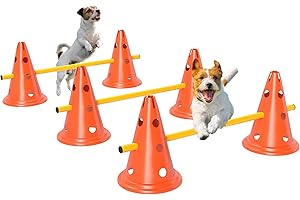 PawHut Dog Agility Hurdle Cone Set, Adjustable Obstacle Course Equipment with 6 Cones & 6 Poles, Portable Canine Agility Trai