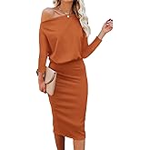 Ezbelle Women's Off The Shoulder 3/4 Sleeve Batwing HIPS-Wrap Pencil Party Sexy Bodycon Midi Dress Loose
