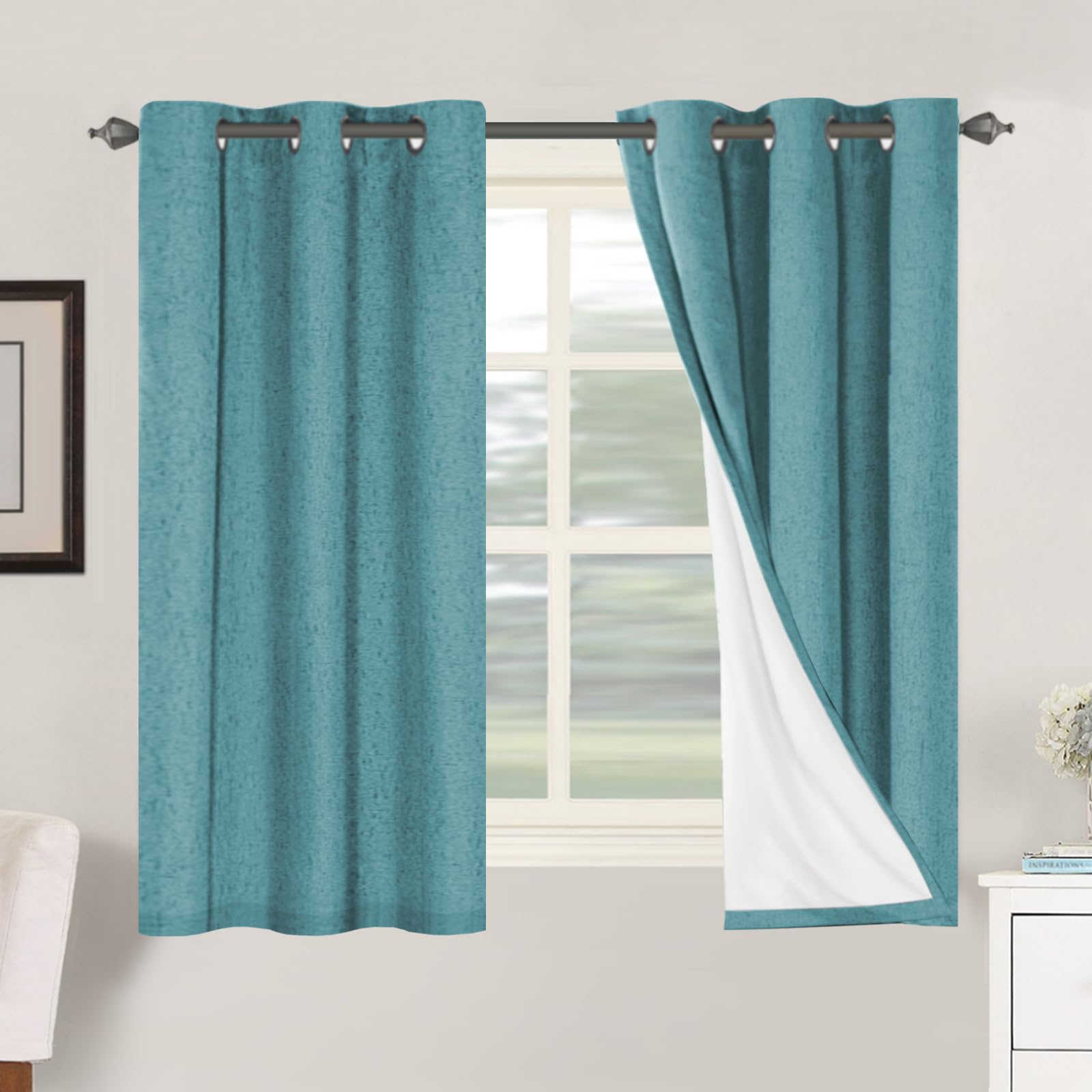 BellaHills 100% Blackout Curtains Faux Linen Eyelet Curtains for Bedroom Living Room Thermal Insulated Burlap Eyelet Curtain & Drapes 2 Panels, 46 x 54 Inch, Teal