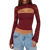 Women Lace Going Out Tops Long Bell Sleeve Cutout Sexy Mock Neck Y2K Sheer Shirt Night Out Coquette Outfit