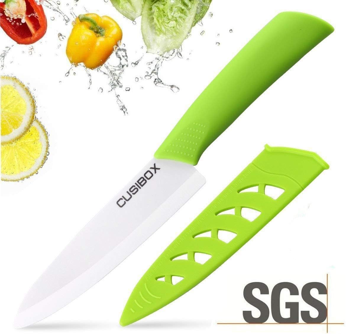 CUSIBOX Ceramic Chef Knife, Sharp Kitchen Vegetable Knives with Sheath Cover, 6 Inch, Green