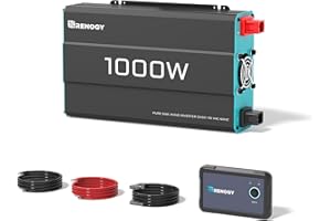 RENOGY REGO 1000W Pure Sine Wave Power Inverter, 12V DC to 120V AC, 2000W Peak Power, 16.4FT Remote Controller, Solar/Car/RV Inverter for Emergency Backup, Off-Grid Living, Camping, Truck, Outdoor
