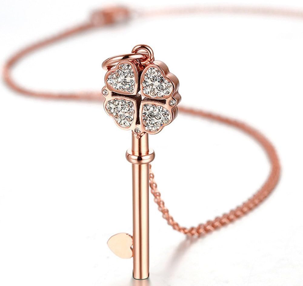 Joorria Key Pendant Necklace Stainless Steel Rose Gold Heart Clover Charm for Womens 18.1+2.2 inch Chain