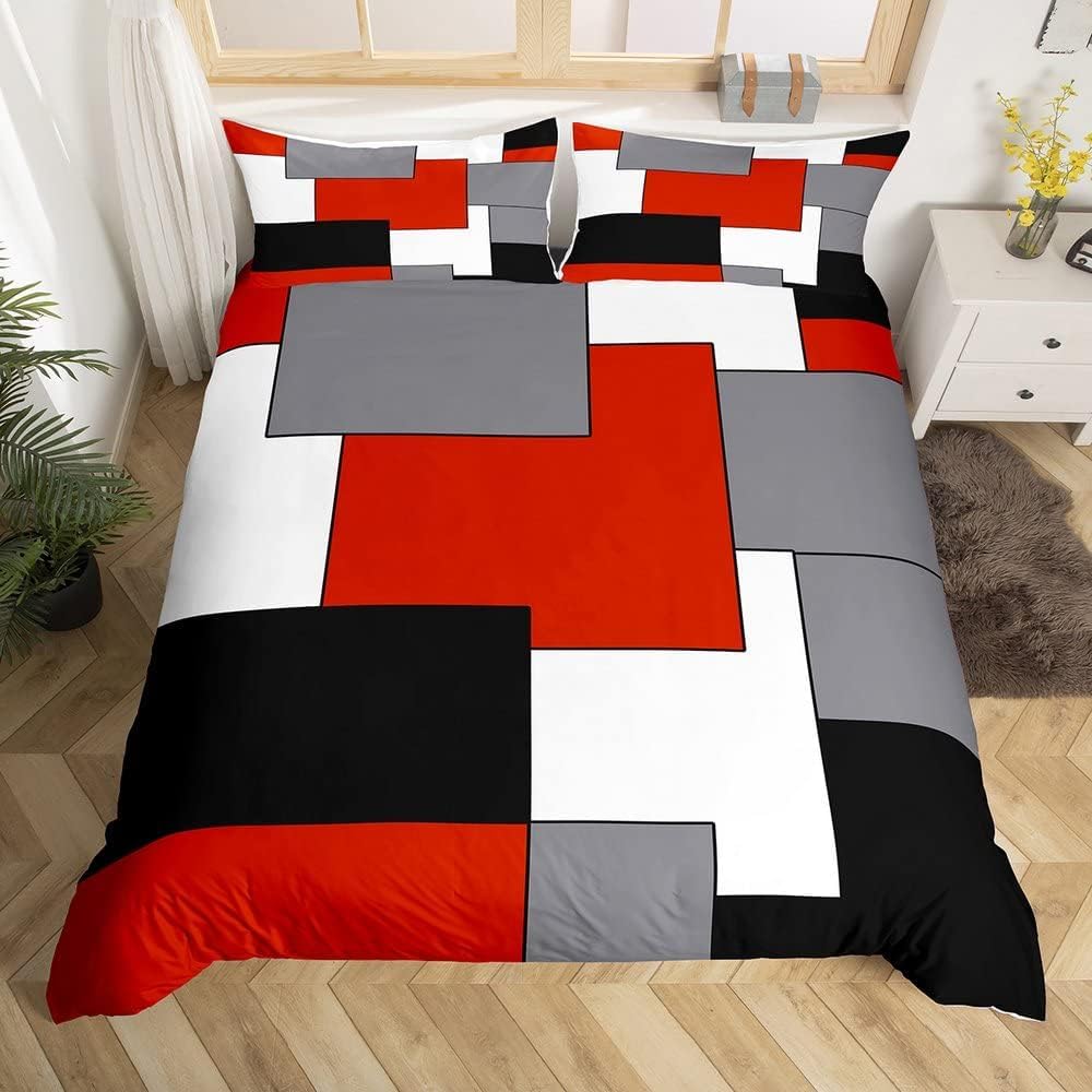 Homewish Red Grey White Black Comforter Cover Teens Geometric Square Duvet Cover King Youth Stripes Lines Bedspread Cover Soft Kids Boys Girls Modern Abstract Grid Bedding Set With 2 Pillowcase — image 1