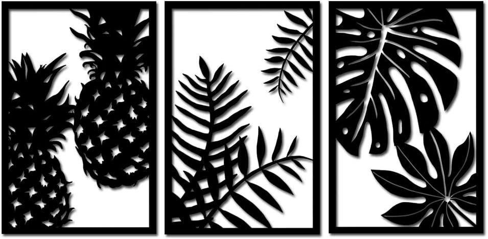 Rustic Metal Wall Art Decor Tropical Wall Sculpture Pineapple Palm Tree Leaves Pictures Hawaiian Decors for home Kitchen Bedroom Living Room 16x24inchx3pcs