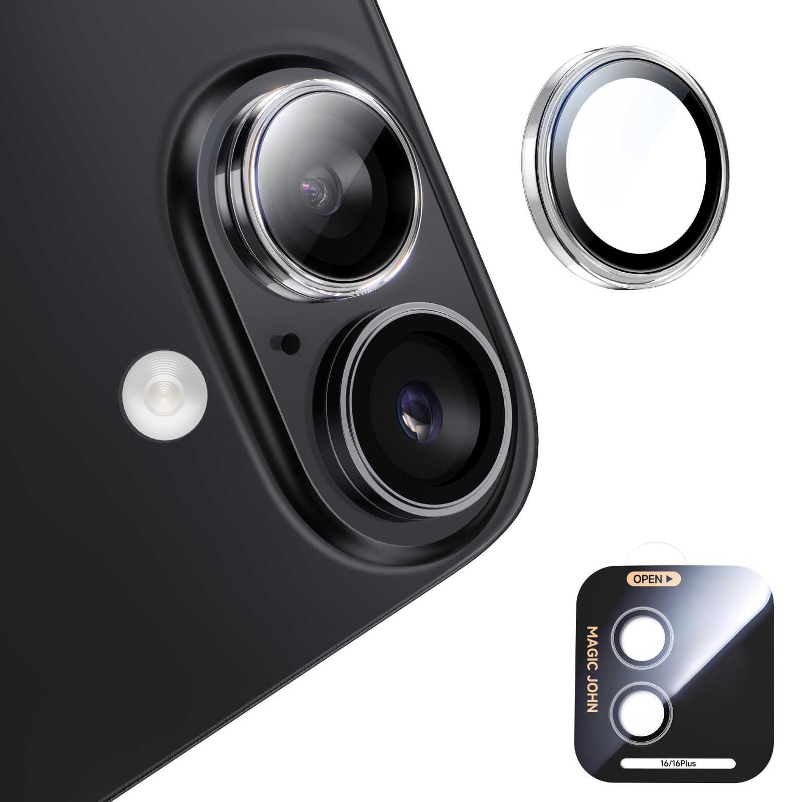 MAGIC JOHN for iPhone 16Plus/16 Camera Lens Protector [Alignment Kit&1:1 Invisible Perfect Fit] 9H Aerospace Tempered Glass Anti-Scratch Durable, Individual Cover Ring, Case Friendly, Set of 2, Clear