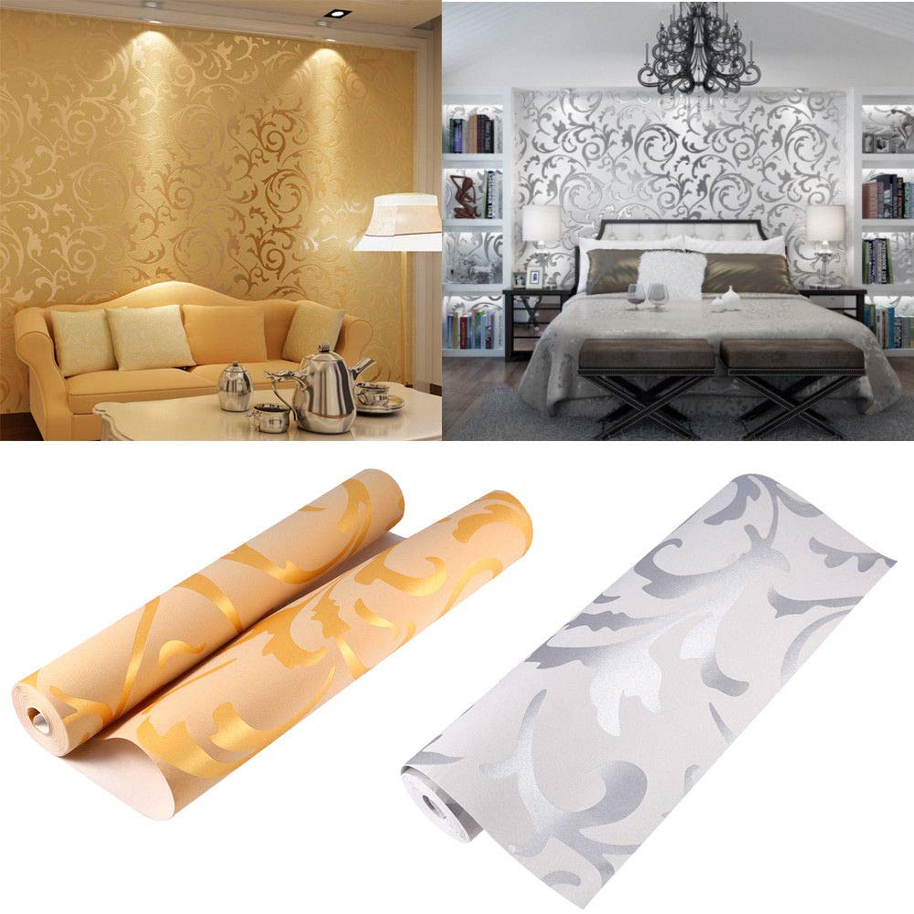 SOULONG 3D Luxury Wallpaper, 10m Victorian Embossed Wall Paper Rolls Feature Room TV Background Decoration Wall Roll Paper (Silver)