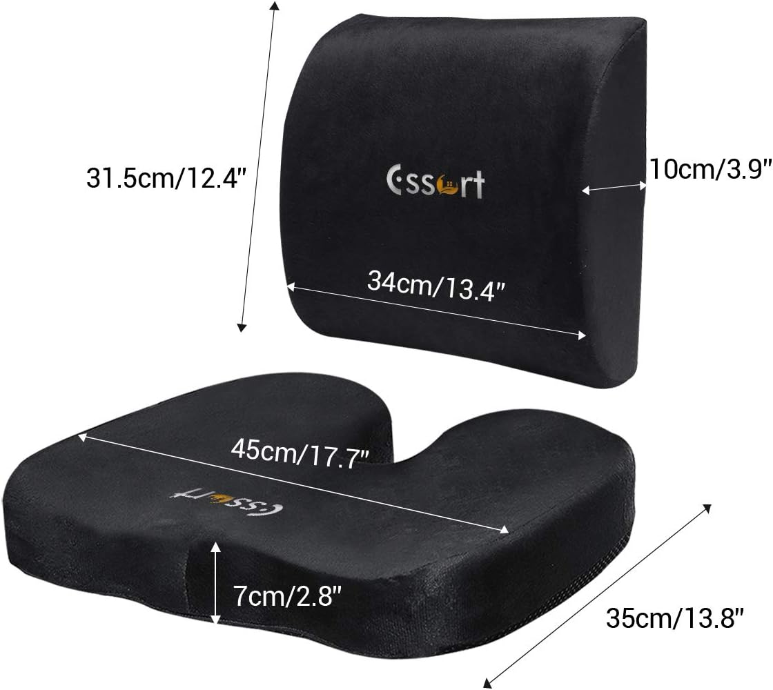 ESSORT Memory Foam Back and Seat Cushions Combo, Orthopedic Coccyx Chair and Lumbar Pillow, Boxed Pad and Back Support for Office Chair, Car, Wheelchair, Relieves Tailbone Pain, Sciatica & Back Pain: Office Products