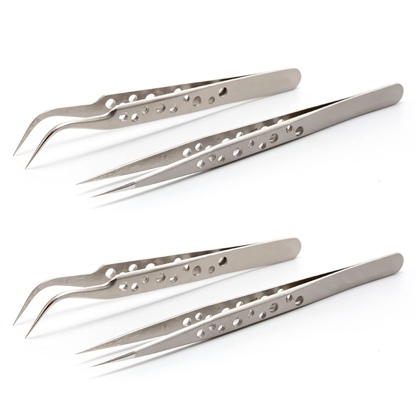 Craft 4 Pieces Tweezer Set for Modeling, Jewelry, Electronics, and Laboratory Work: Straight Tip and Curved Fine Tip