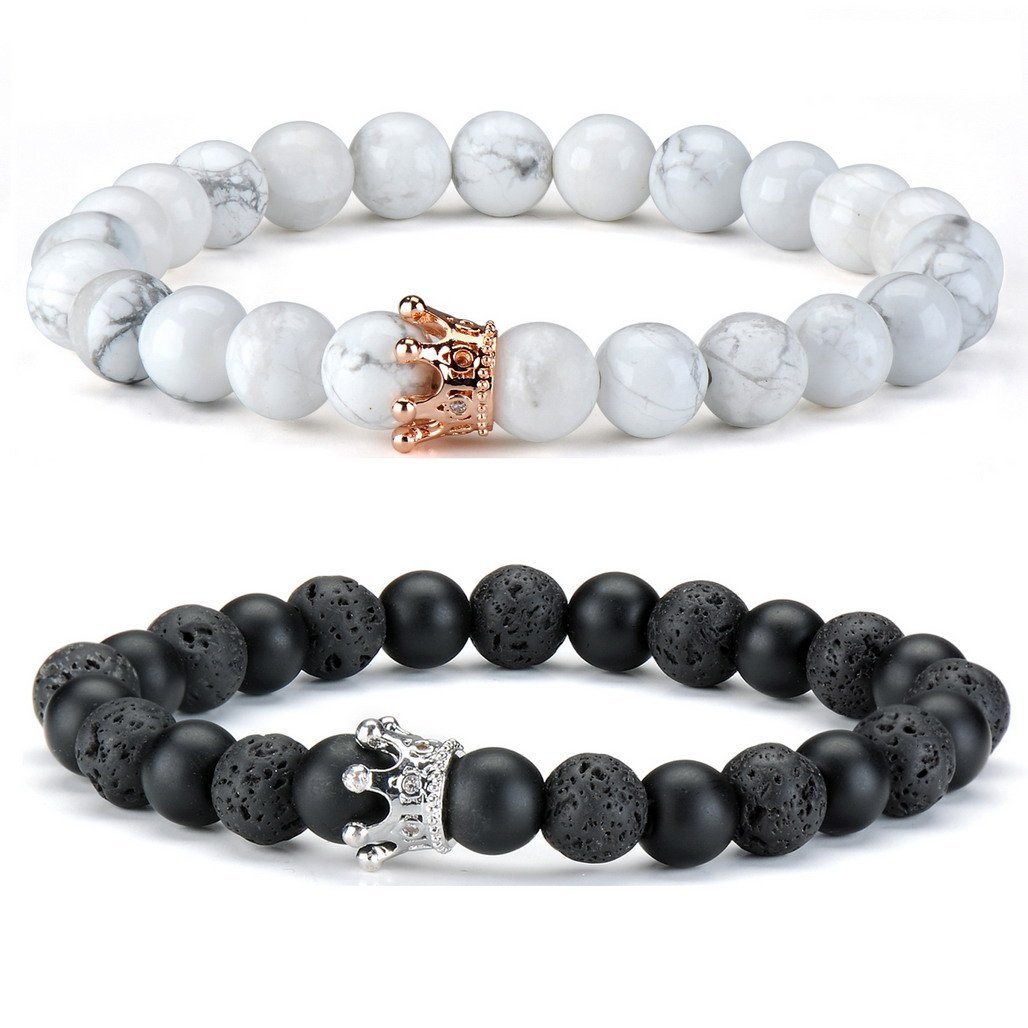 Thajaling 2 pcs Couple Bracelet Black White Stone Bracelet Rose Gold & Silver Crown Queen 8mm Beads Bracelets