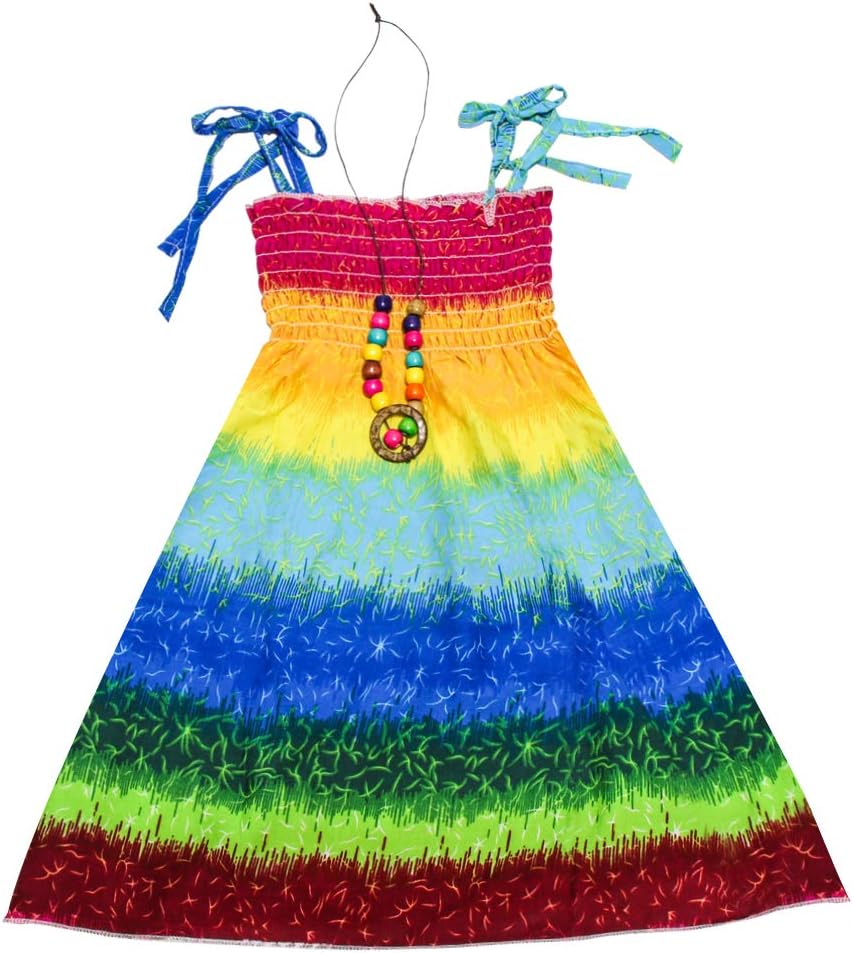 Girls Bohemian Dresses Floral Sleeveless Rainbow Beach Sundress with Necklace