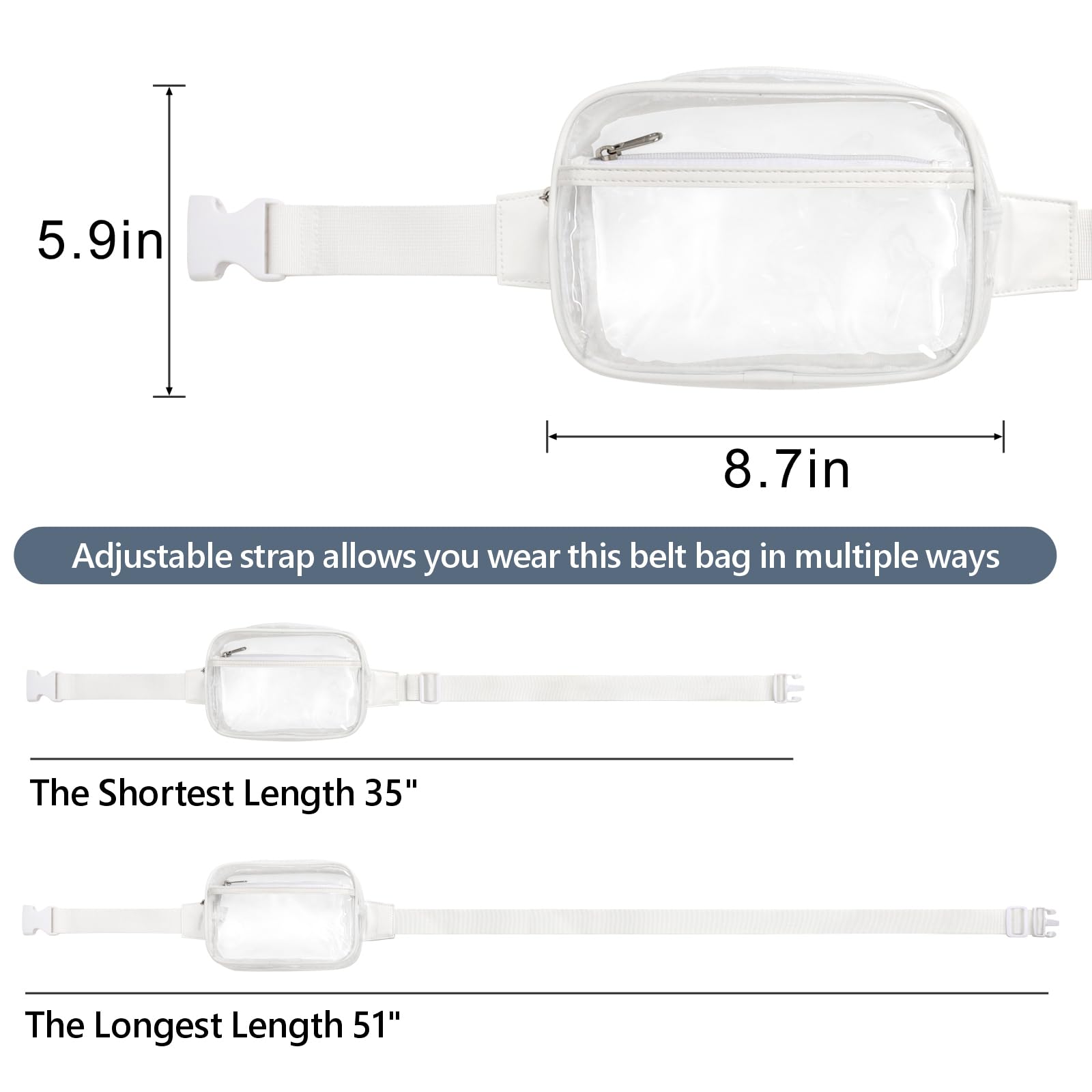 Veckle Clear Fanny Pack Stadium Approved - Clear Bag for Stadium Events Large Belt Bag for Women Transparent Waist Bag Crossbody with Adjustable Strap for Sports Concerts, White