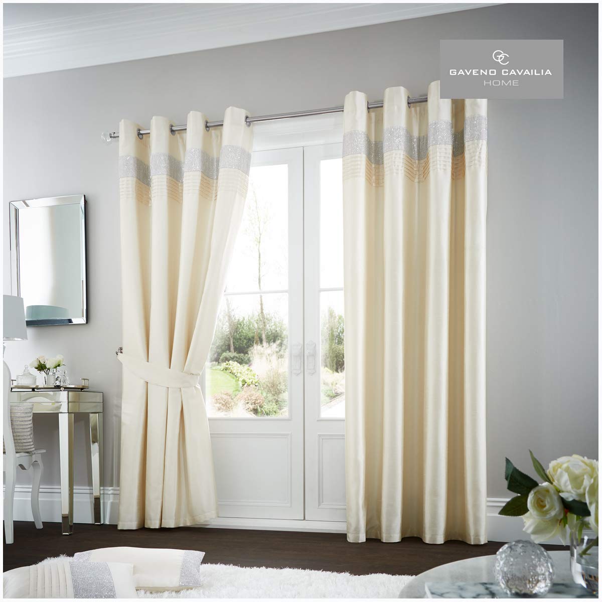 Gaveno Cavailia Oxy Eyelet Curtains Cream, 100% Polyester Ring Top Drapery with Matching Tie Backs, Two 90"x90" Glamorous Panels, Easy Care Window Treatment, 90"x90" (229x229 Cm) 261940