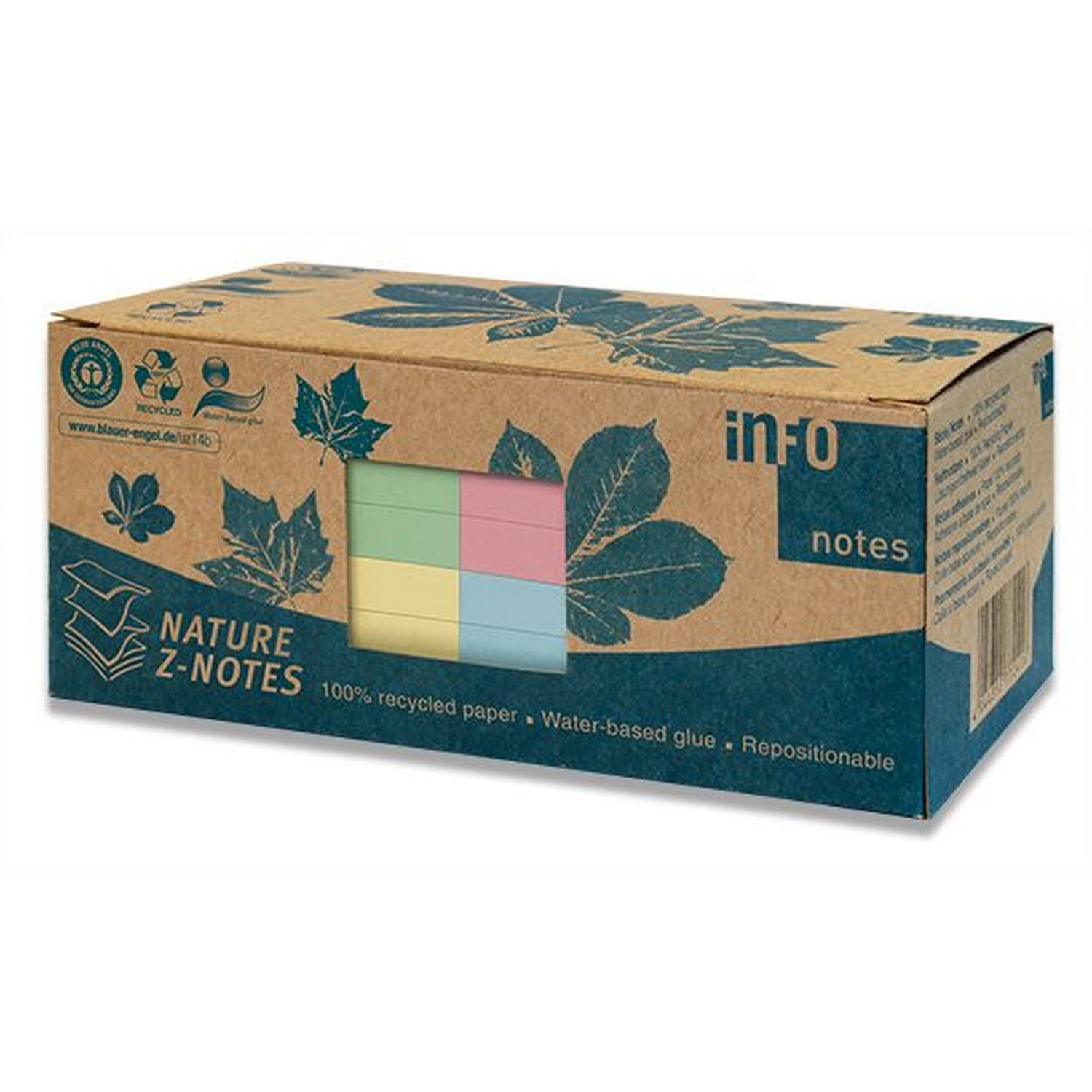 inFO Notes 100% Recycled Sticky Notes, Pastel Mix, Blue Angel Certified, 100 Sheets per Pad, 12 Pads Packed in Recycled Box, 75 x 75 mm