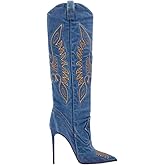 Saint Leia Women's Fashion Denim Stiletto Heel Tall Boots Casual Embroideries Pointed Toe Knee High Boots