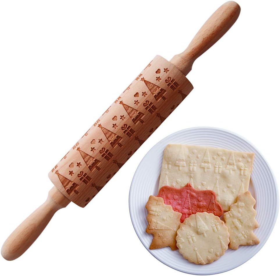 Embossed Rolling Pin Wooden Deep Printing with Christmas Tree Pattern for Christmas Theme Baking Pastries or Cookies (Christmas Tree)