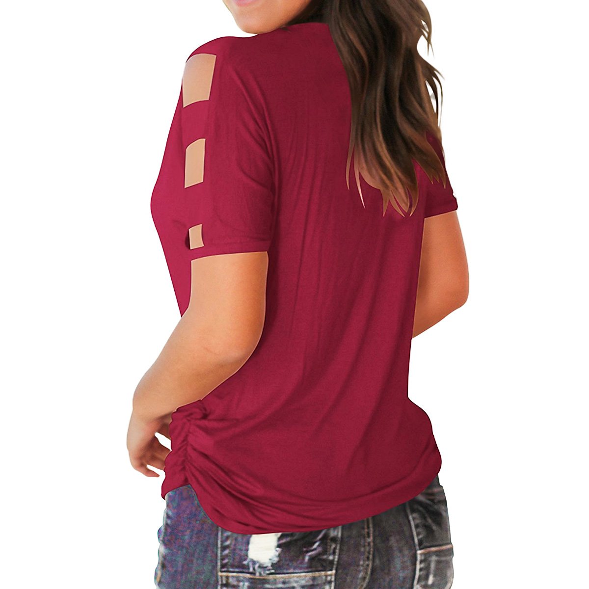 Eanklosco Women\'s Long Sleeve V Neck Cold Shoulder Cut Out T Shirts Casual Tunic Tops (L/UK 12, Wine Red-Short)