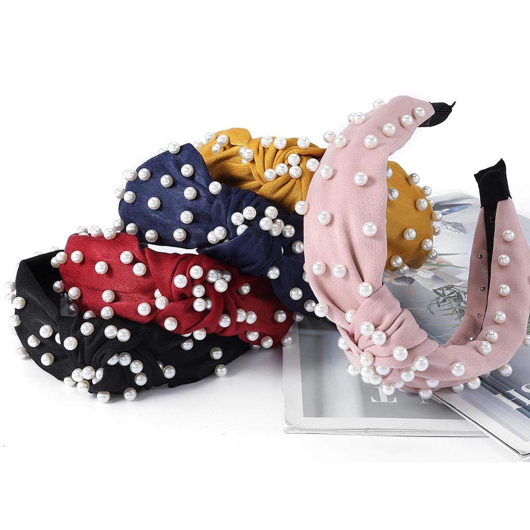 Bohend Fashion Pearls Headband Wide Elastic Knotted Turban Hair Hoop Daily Use Sports Gym Yoga Hair Accessories for Women and Girls(5pcs)
