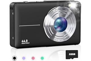 AiTechny Digital Camera for Kids, 1080P FHD 44MP Point and Shoot Digital Camera for Pictures with 32GB Card, 16X Zoom, Compact Camera Gifts for Kids Teens Boys Girls(Black)