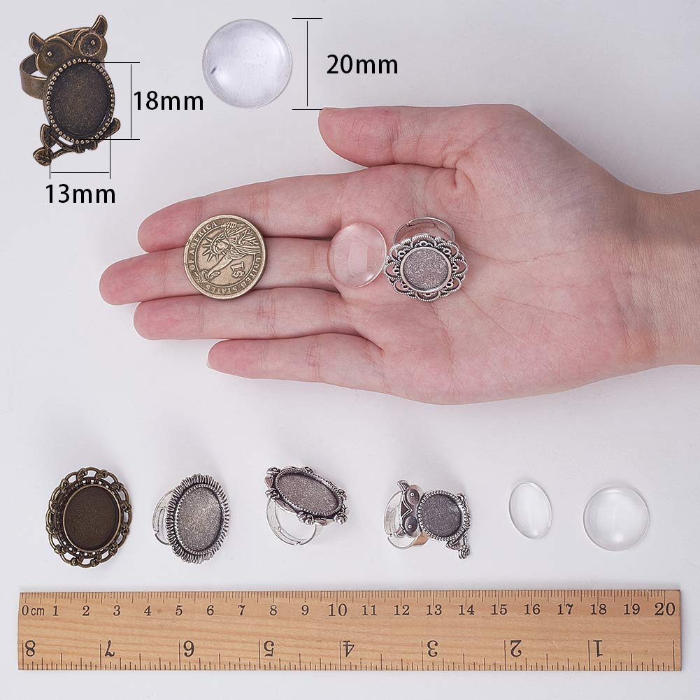 SUNNYCLUE 24pcs Mixed Adjustable Ring Blanks Cabochon Jewelry Making Kit Finger Ring Settings Clear Glass Cabochons Oval Round for Jewelry Making Adult Crafting, Antique Silver Bronze