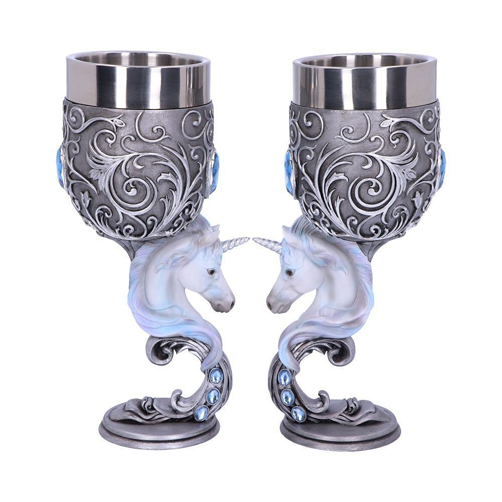 Nemesis Now B5191R0 Enchanted Twin Unicorn Heart Set of Two Goblets, Silver, 18.5cm