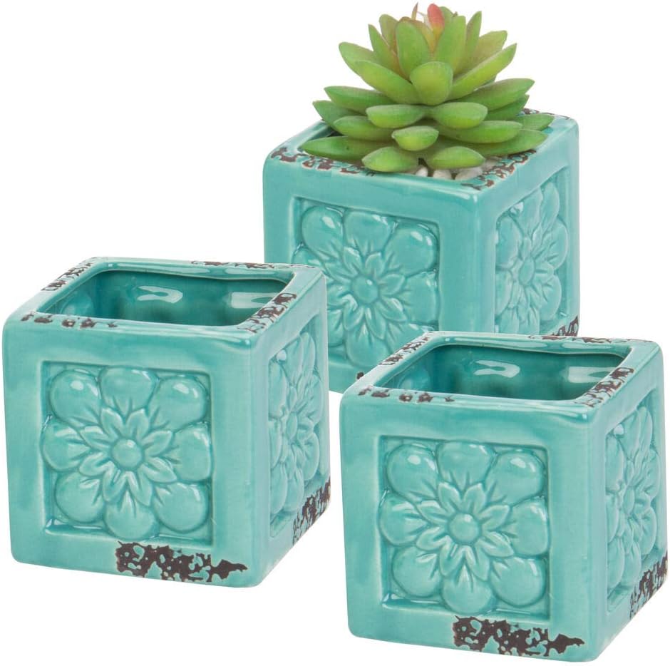 Turquoise Ceramic Floral Design Succulent Plant Pots/Mini