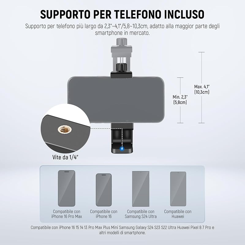 BASIC Treppiede Telefono per iPhone Fotocamera con Telecomando e Portatelefono, 66" Selfie Stick Phone Stand in Metallo per Vlog Viaggio, Supporto Fotocamera e Cellulare per Video Film, TS03