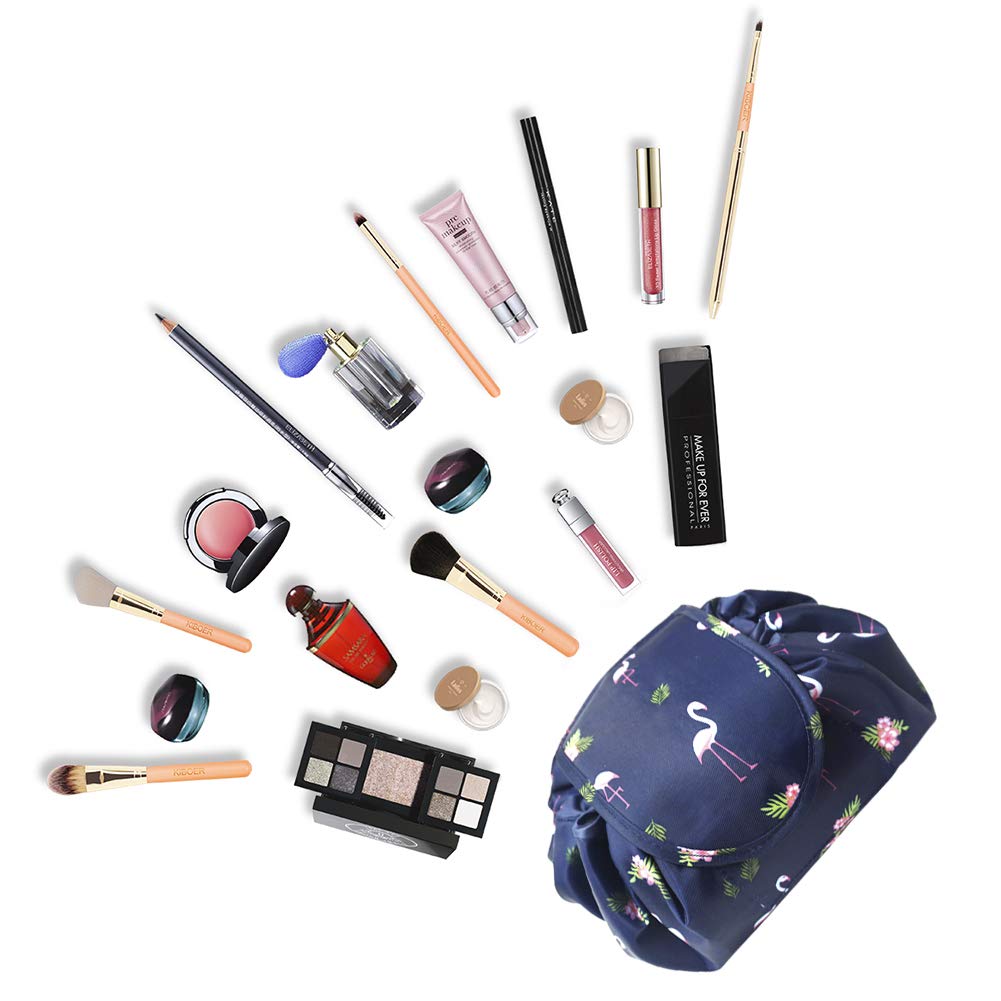 Lazy Drawstring Make up Bag Portable Large Travel Cosmetic Bag Pouch Travel Makeup Pouch Storage Organiser for Women Girl (Navy Flamingo)