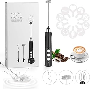 Mini Frother For Coffee,Mini Electric Milk Foam Maker,Milk Frother Handheld,Mini Frother Set,Whisk Drink Mixer for Coffee Cappuccino Matcha 3 Speeds USB Rechargeable With 3 Stainless Whisk 10 Stencils