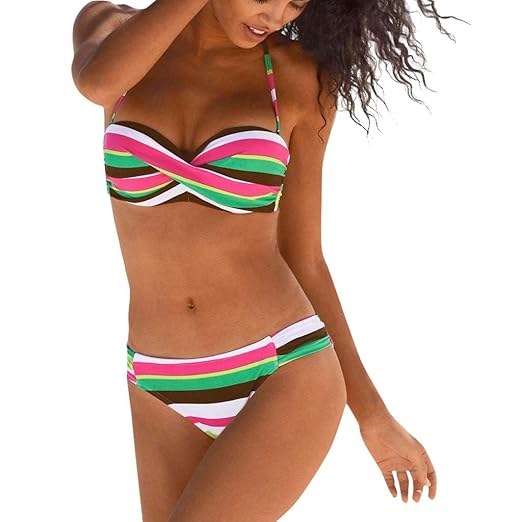 Bfmyxgs Frauen Boho Streifen Halter Push Up Bandeau Bikini Set Zweiteiler Badeanzüge Schlauchoberteil
