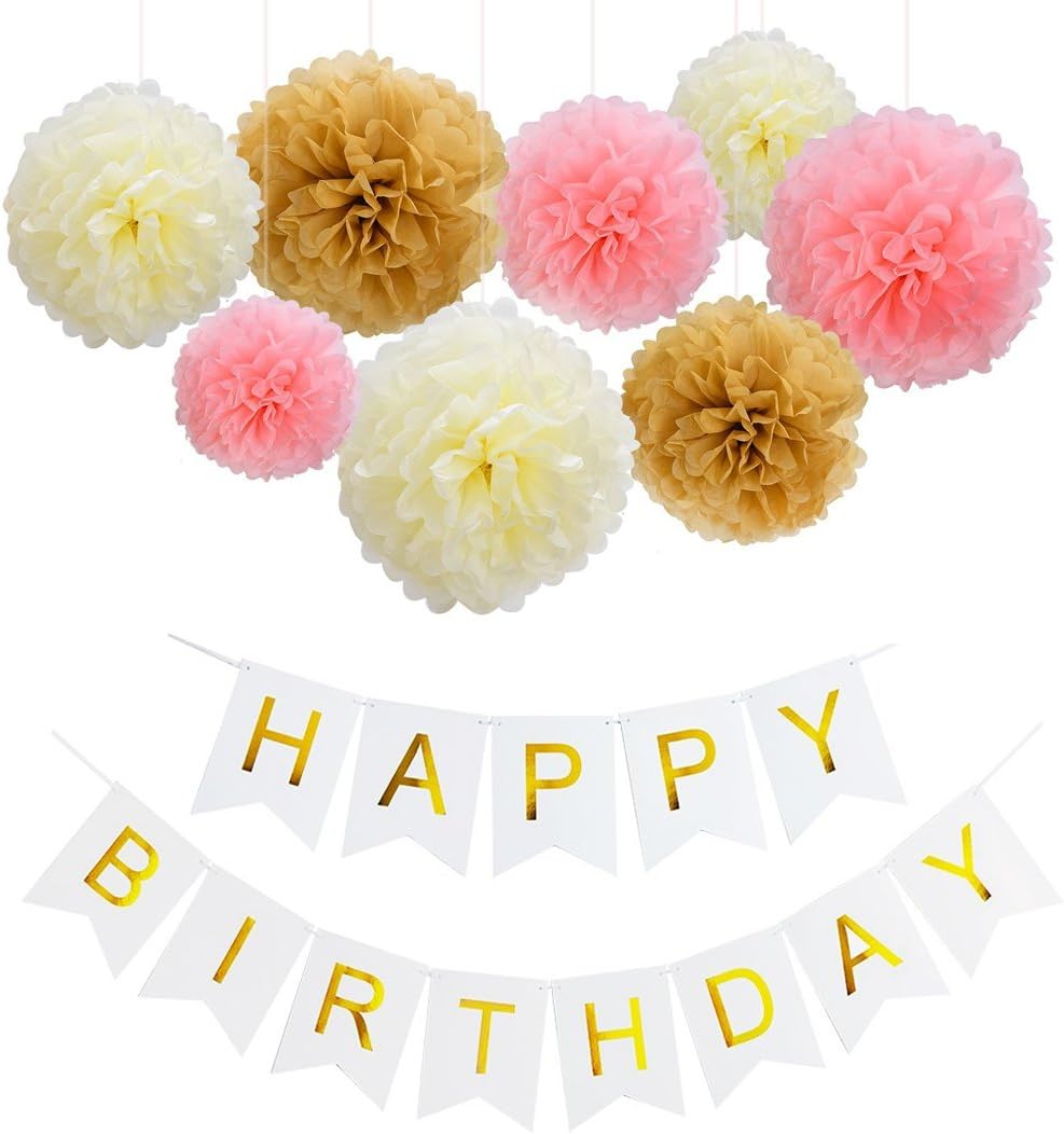 KOKER Happy Birthday Bunting Banner, Pom Poms Paper Tissue Flower for Girls Birthday Party Decorations