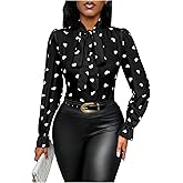 Milumia Women's Heart Print Tie Neck Blouse Long Puff Sleeve Business Casual Work Tops
