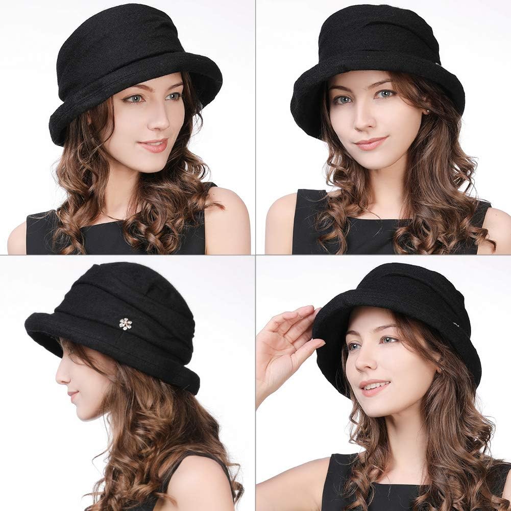 Womens Black Vintage Wool Felt Cloche Bucket Hat Winter Fall Packable at  Women’s Clothing store