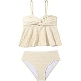 OYOANGLE Girl's 2 Piece Tankini Swimsuit Textured Twist Front Ruched Ruffle Bikini Set Bathing Suits