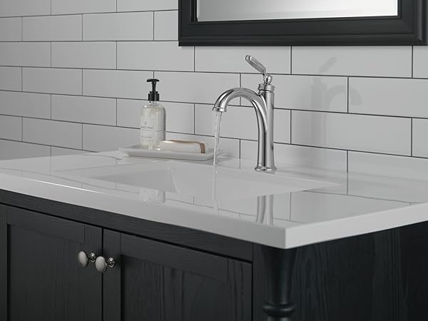 DELTA WOODHURST CHROME BATHROOM FAUCET 1 HOLE, SINGLE HOLE BATHROOM SINK FAUCET FOR VANITY, METAL PUSH-POP DRAIN ASSEMBLY, CHROME 532-MPU-DST