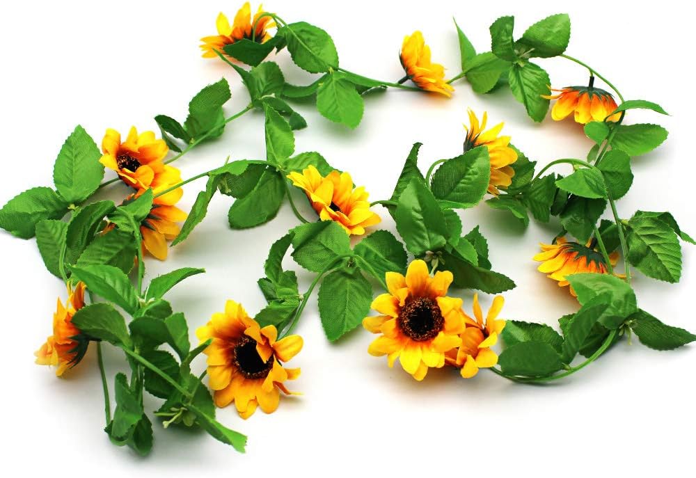 Mila-Amaz 3 Pack Artificial Sunflower Garland Vine, Faux Yellow Flower Hanging Garland, Silk Sunflower Vine with Leaves