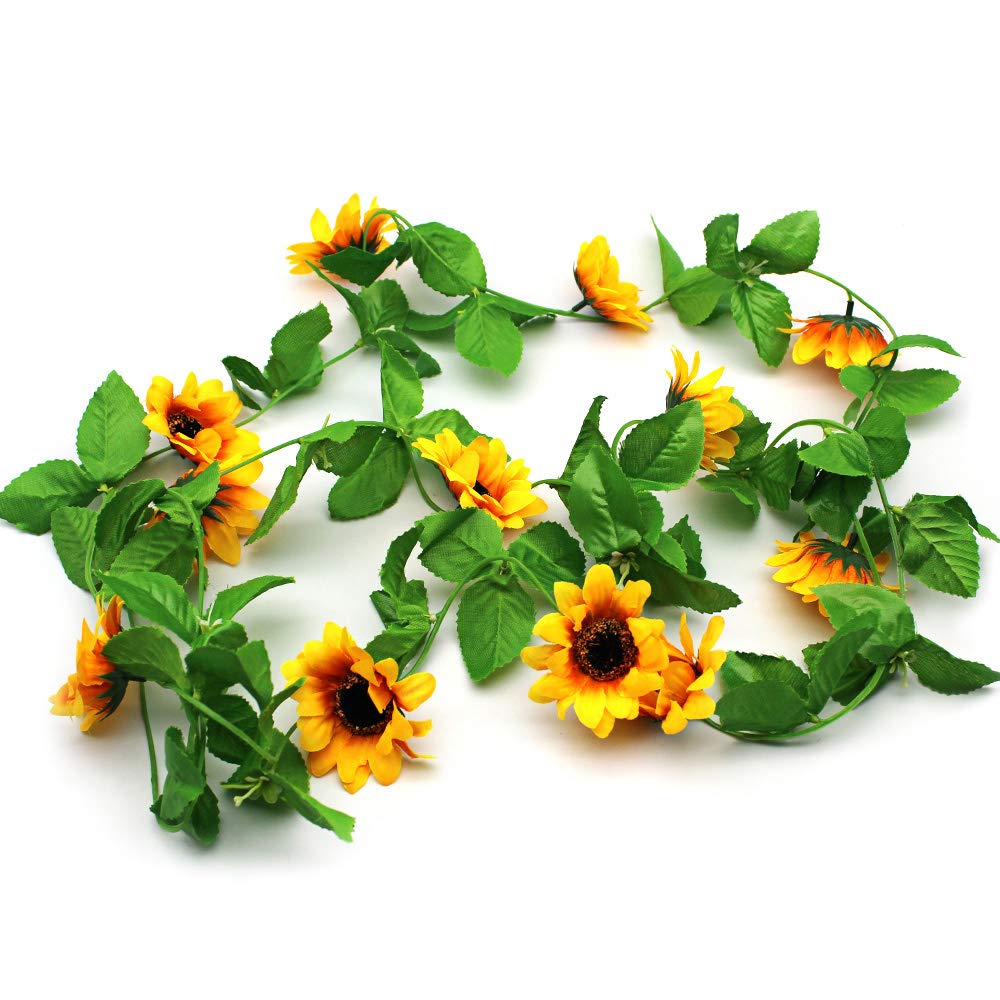 Mila-Amaz 3 Pack Artificial Sunflower Garland Vine, Faux Yellow Flower Hanging Garland, Silk Sunflower Vine with Leaves, Hanging Plants Flower Garlands for Home Garden